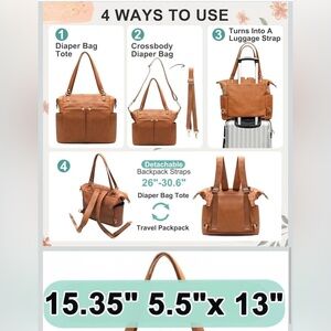 Mominside Leather Diaper Bag 4in1 backpack with 13 pockets coverable brown
